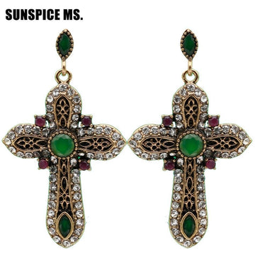 Vintage Cross Long Dangle Earrings - Antique Gold Colour Resin Crystal Multicolor Religious Jewellery - The Jewellery Supermarket